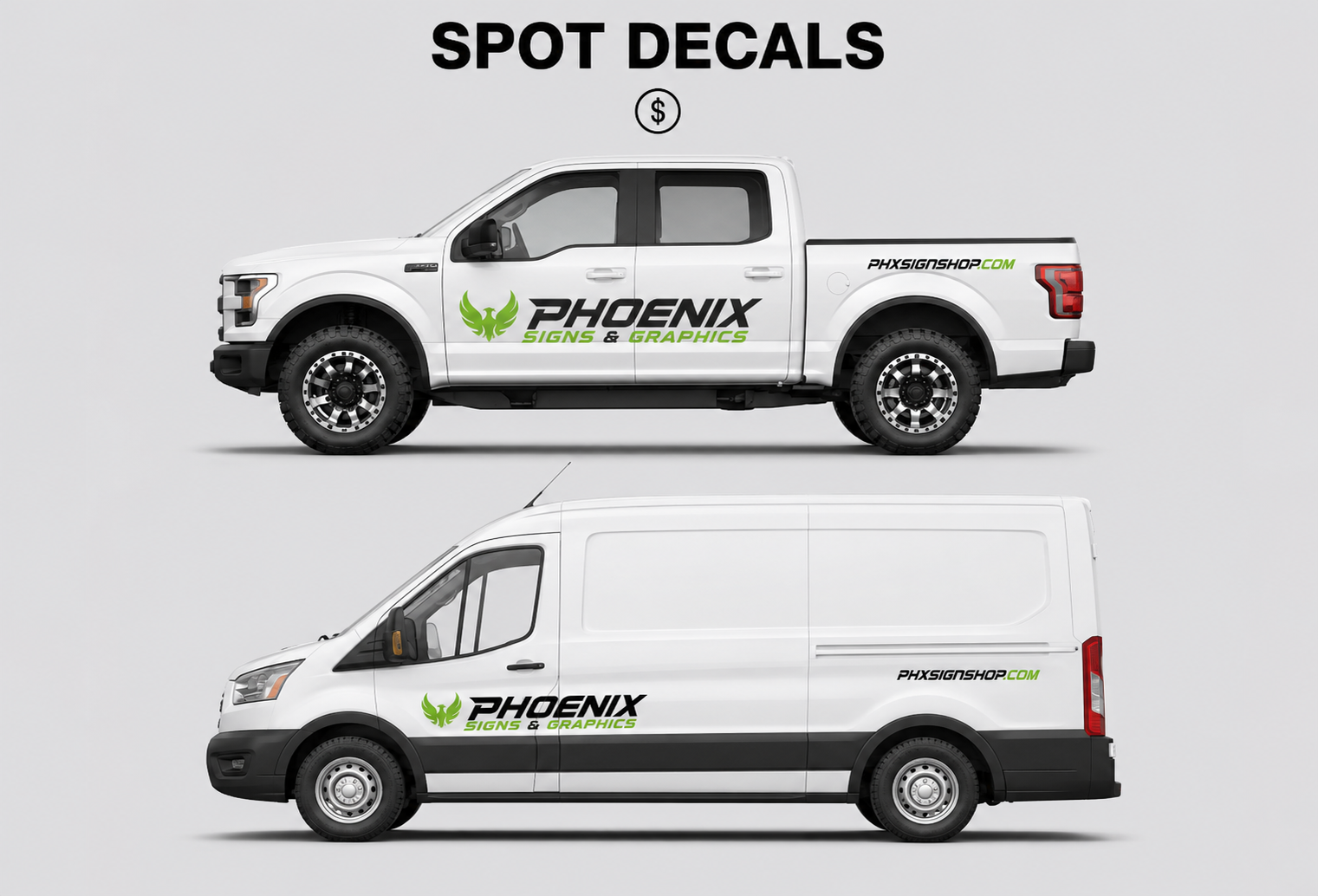 A promotional graphic showing a white pickup truck and a white cargo van with the same vehicle wrap design. The design includes a green leaf logo and the text 'PHOENIX SIGN & GRAPHICS' with 'PHOENIXSIGNGRAPHICS.